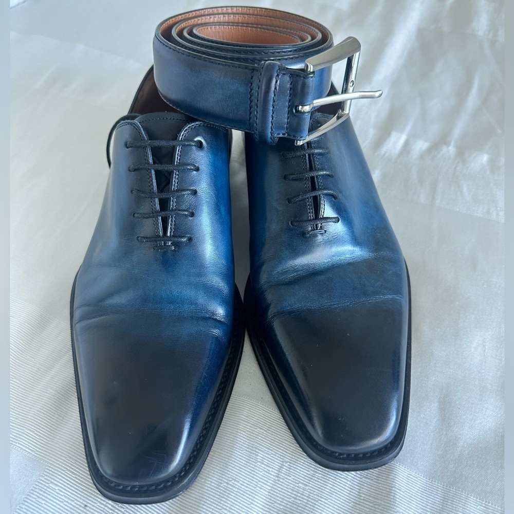 MAGNANNI - “AMELIO” BLUE PATINA WHOLE-CUT BALMORAL OXFORDS 7.5 + BELT MEDIUM